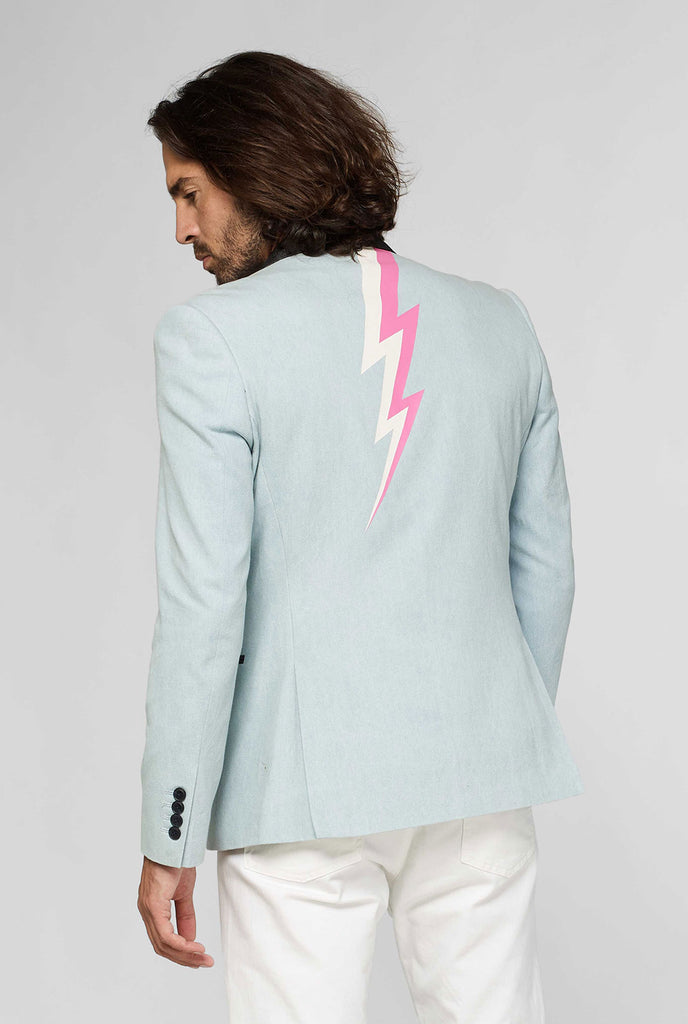 Blue casual blazer with white and pink lightning bolt worn by man