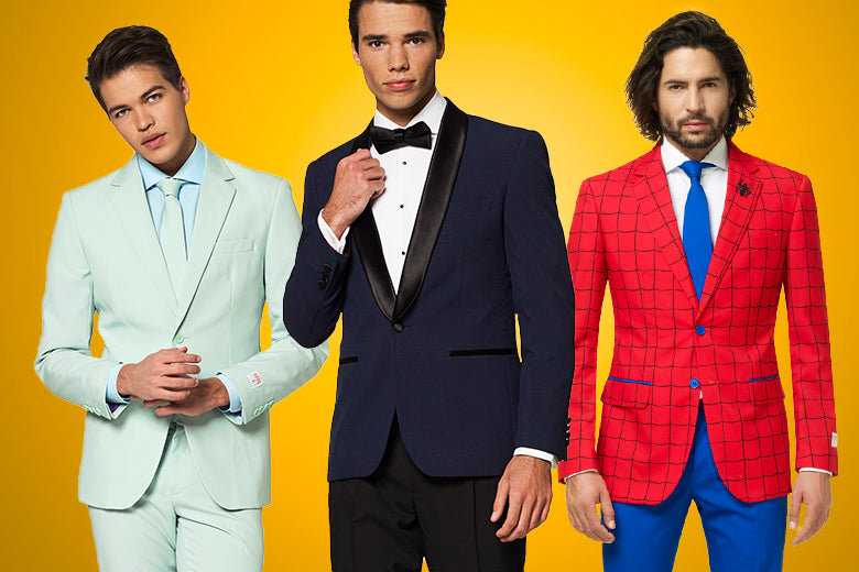 Men wearing OppoSuits Magic Mint, Blue Tuxedo and Spiderman Suit
