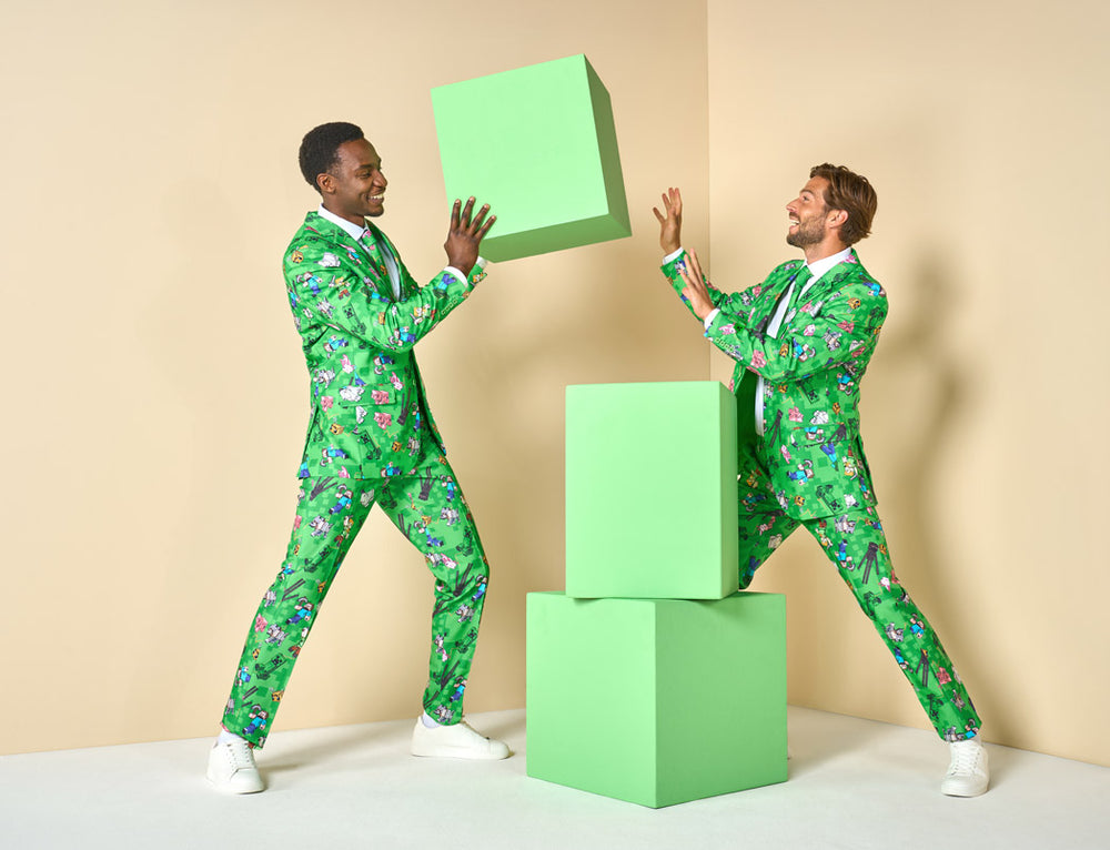 Two man in minecraft suit trowing a block to each other and two block on the floor.