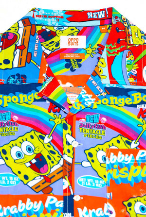 Man wearing Hawaiian Shirt with SpongeBob Cereal-box print