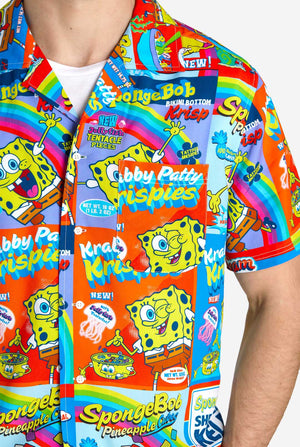 Man wearing Hawaiian Shirt with SpongeBob Cereal-box print
