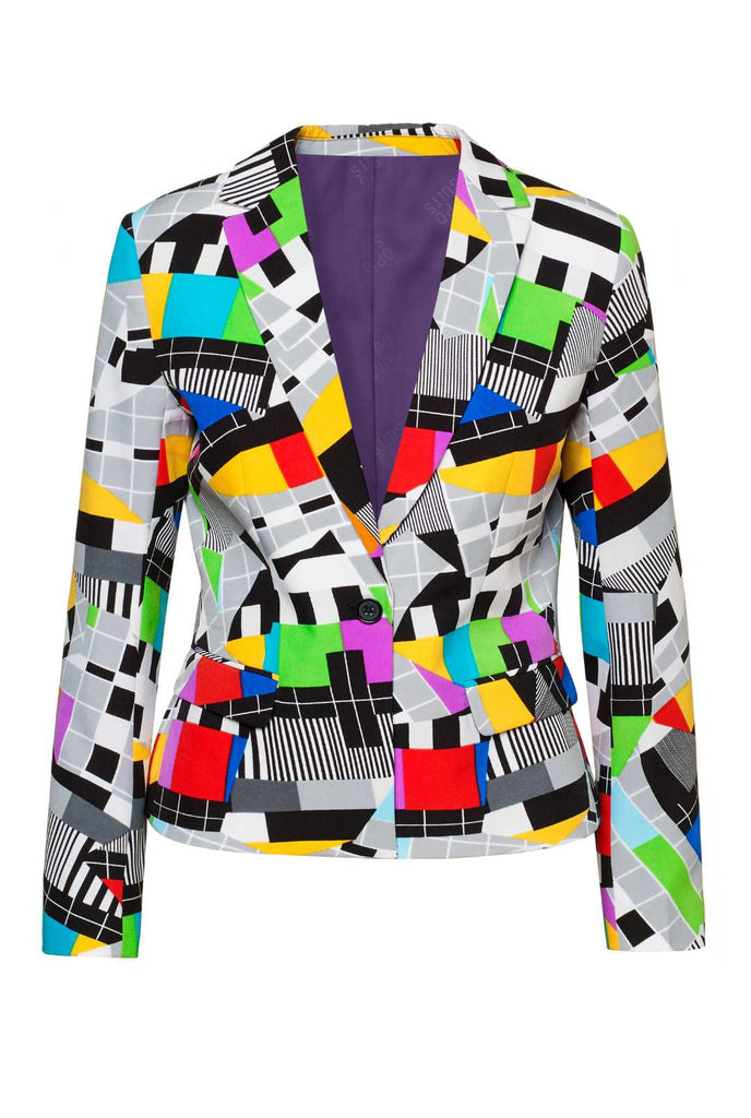 Woman wearing colorful test screen blazer