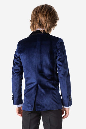 Boy wearing blue velvet Christmas dinner jacket