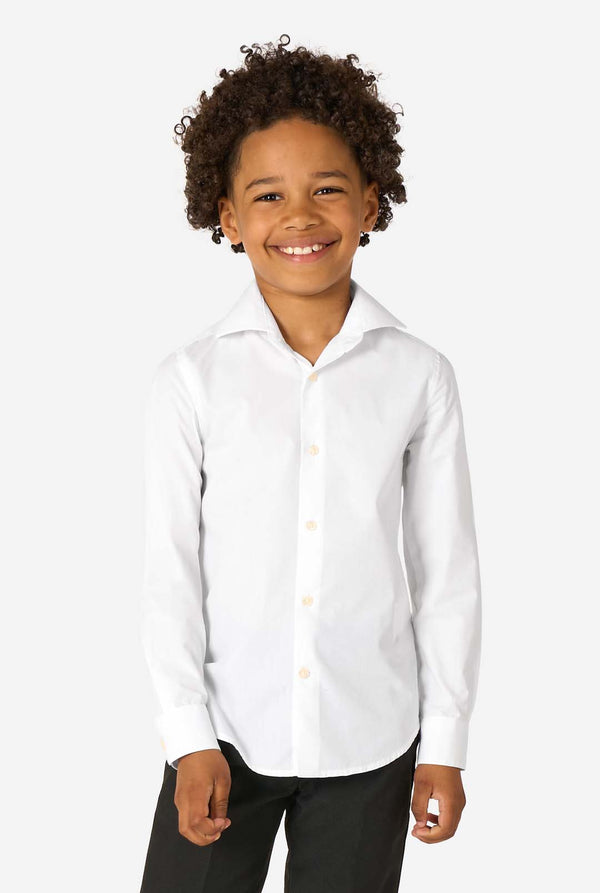 Little kid is wearing a white shirt and a black pants.