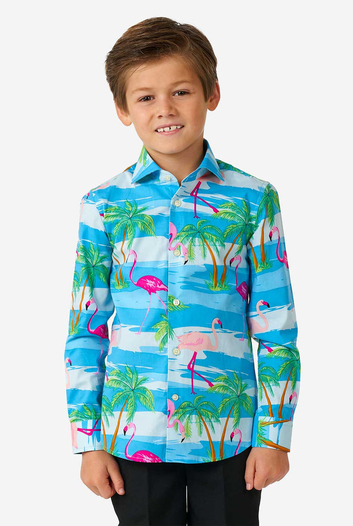 Boy wearing long sleeve boys' shirt with summer flamingo print