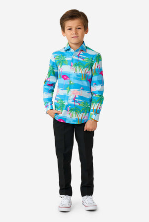 Boy wearing long sleeve boys' shirt with summer flamingo print