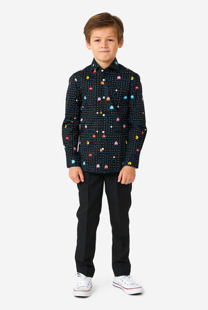 Boy wearing long sleeve boys' shirt with Pac-Man print