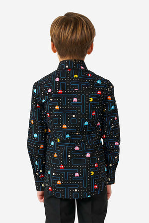 Boy wearing long sleeve boys' shirt with Pac-Man print