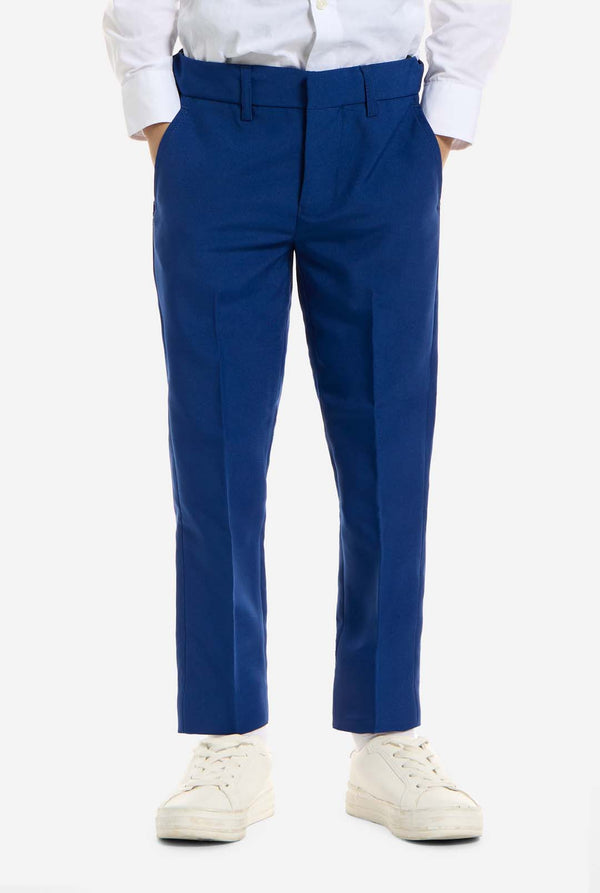 Blue pants worn by a person on a white background
