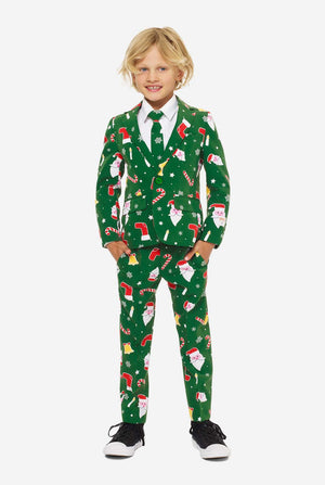 Green Christmas suit for boys with Christmas cartoon icons worn by boy