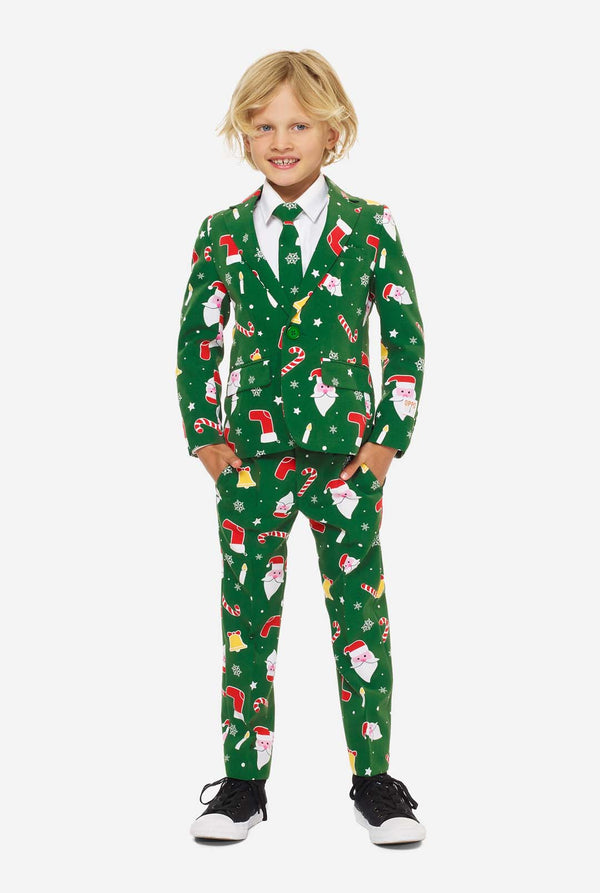 Green Christmas suit for boys with Christmas cartoon icons worn by boy