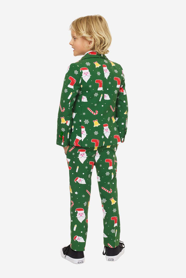 Green Christmas suit for boys with Christmas cartoon icons worn by boy