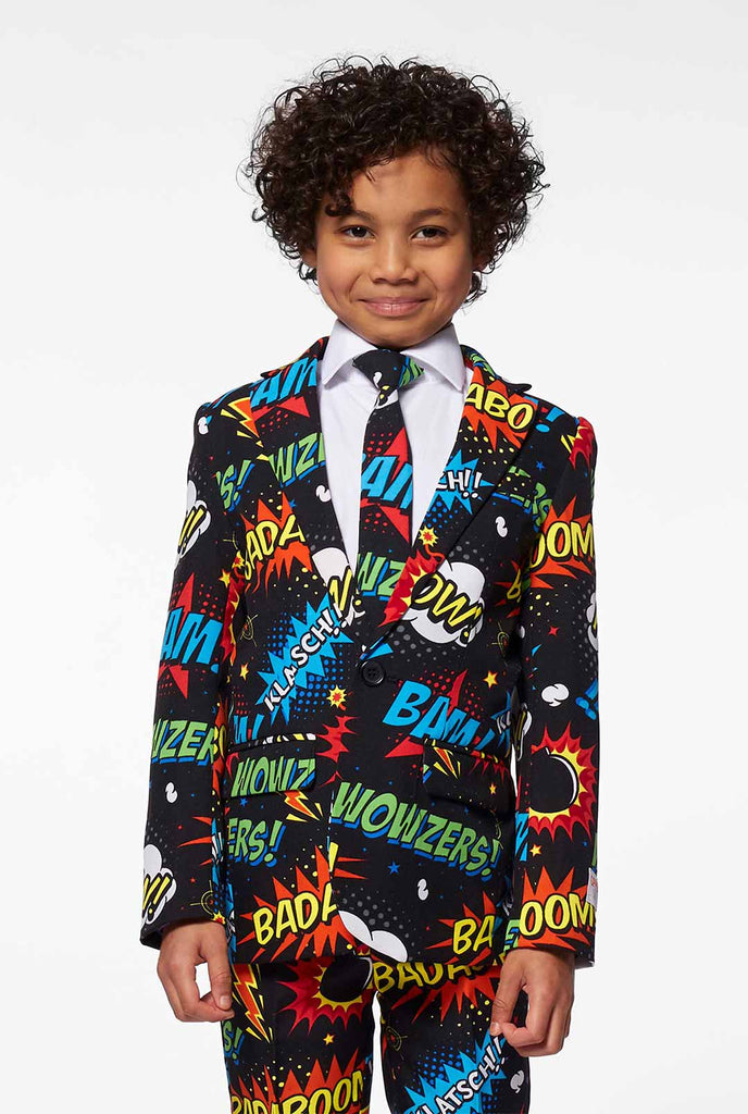 Comic book phrase suit for boys worn by a boy