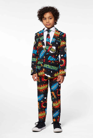 Comic book phrase suit for boys worn by a boy