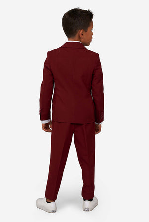 Kid wearing a burgundy red suit for boys