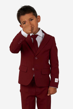 Kid wearing a burgundy red suit for boys