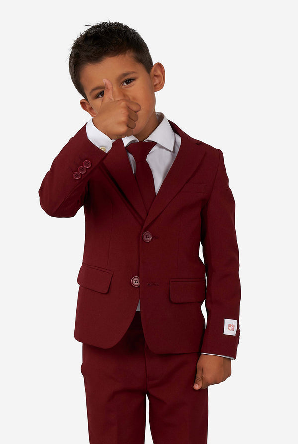 Kid wearing a burgundy red suit for boys