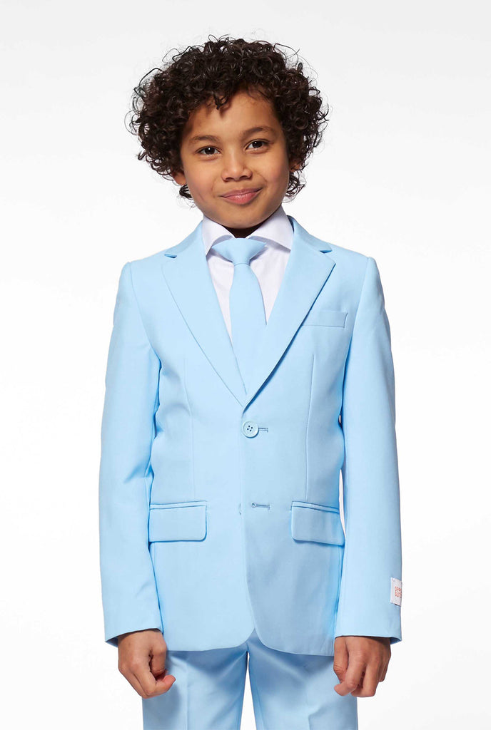 Solid colored light blue suit worn by boy