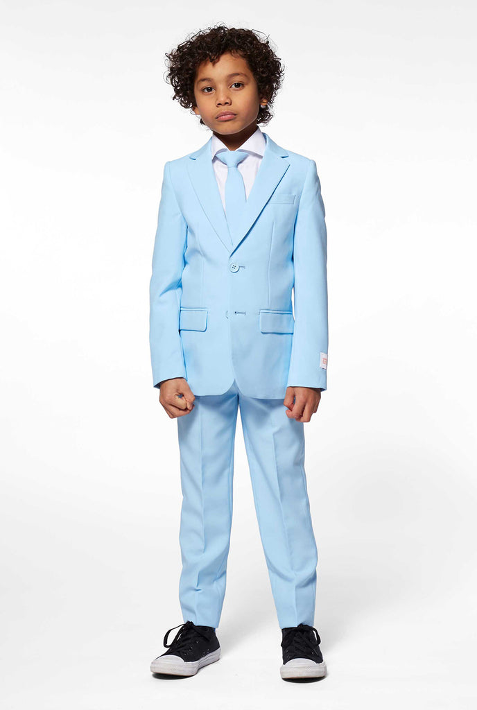 Solid colored light blue suit worn by boy