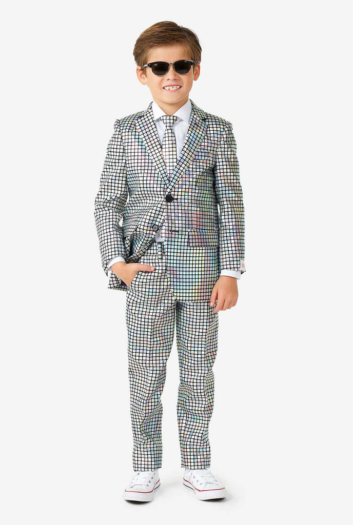 Boy wearing disco ball mirror suit