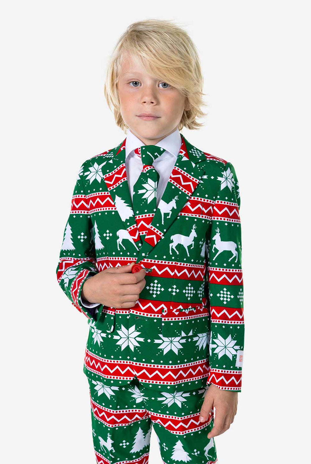 Kid wearing green Christmas suit