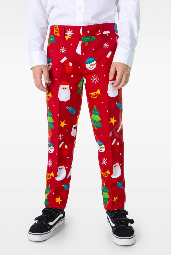 Kid wearing red Christmas suit with Christmas icons