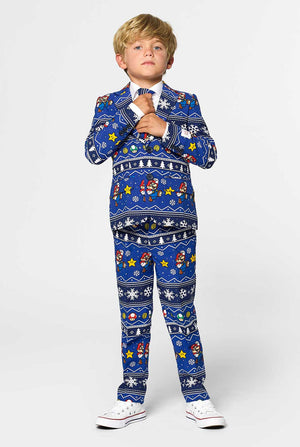 Christmas suit for boys with Super Mario print worn by boy