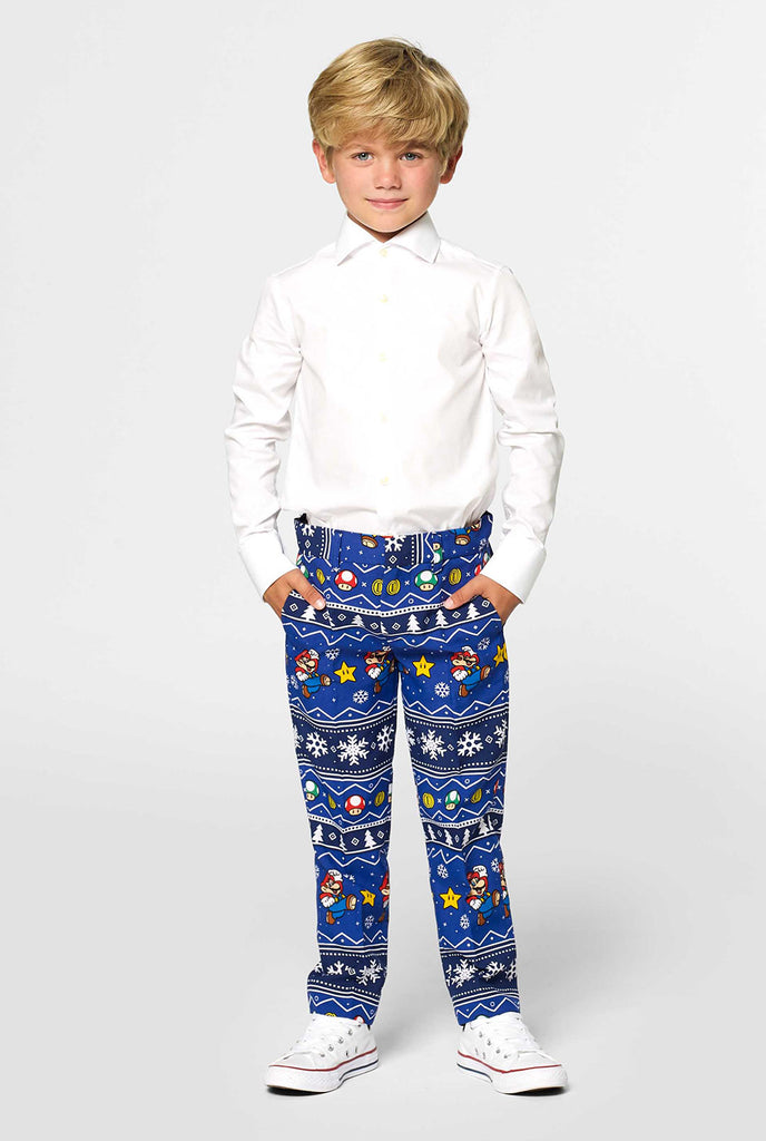 Christmas suit for boys with Super Mario print worn by boy