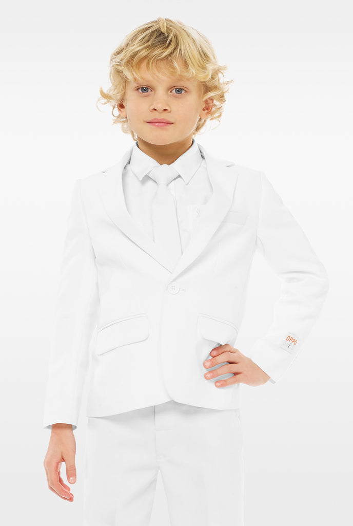 Kid wearing white formal suit