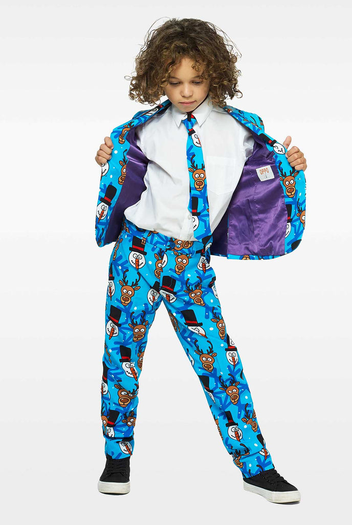 Blue Christmas suit with cartoon prints for boys worn by boy