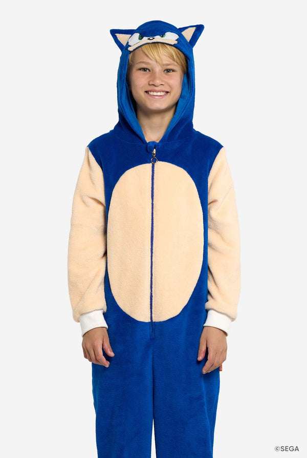 Boy wearing blue Sonic the Hedgehog Kids Onesie