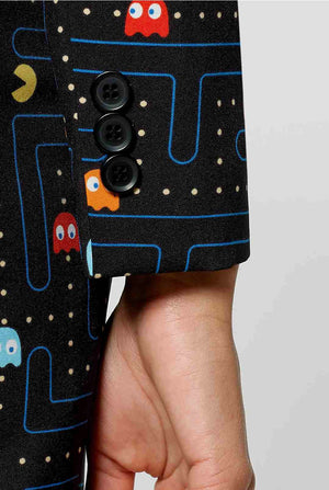 Woman wearing black blazer with Pac-Man print