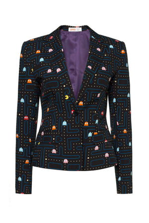Woman wearing black blazer with Pac-Man print