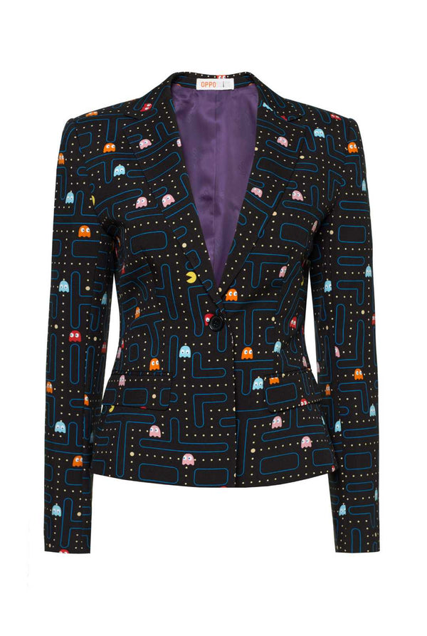 Woman wearing black blazer with Pac-Man print