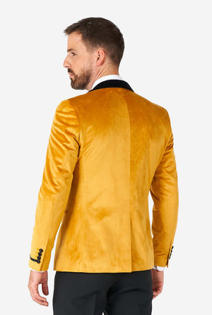 Man wearing golden velvet dinner jacket blazer