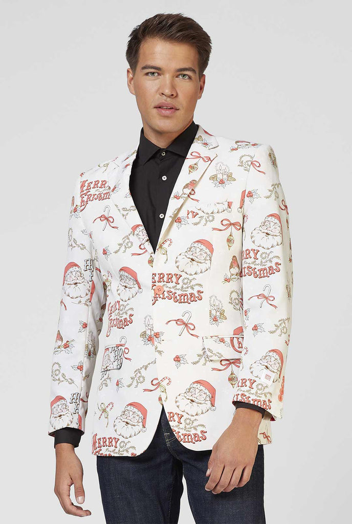Man wearing off-white and red Chrismas blazer and black shirt