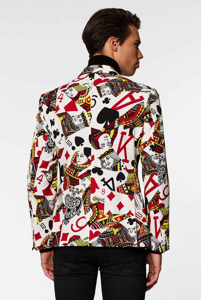 Playing cards print casual blazer King Of Clubs worn by men zoomed in