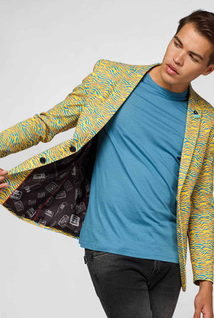 Yellow and blue zebra print casual blazer worn by man