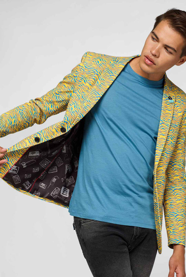 Yellow and blue zebra print casual blazer worn by man