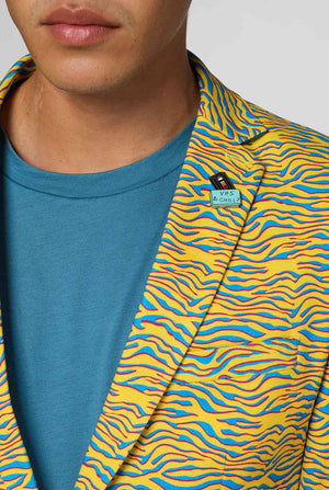 Yellow and blue zebra print casual blazer worn by man
