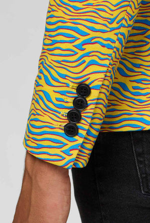 Yellow and blue zebra print casual blazer worn by man