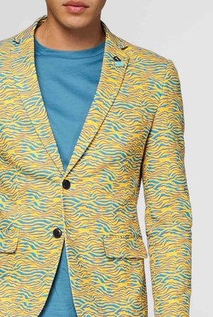 Yellow and blue zebra print casual blazer worn by man