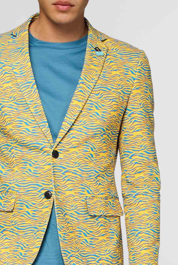 Yellow and blue zebra print casual blazer worn by man