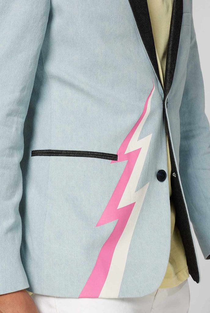Blue casual blazer with white and pink lightning bolt worn by man