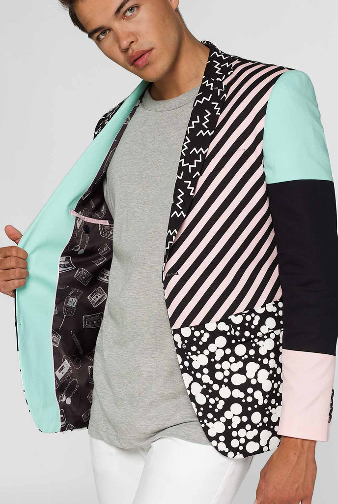 abstract pattern casual blazer inspired by Memphis group worn by man