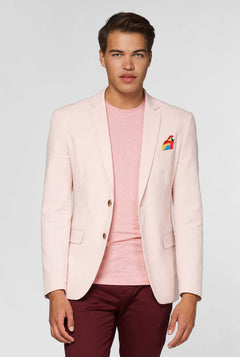 Pink casual blazer with parrot embroidery worn by man