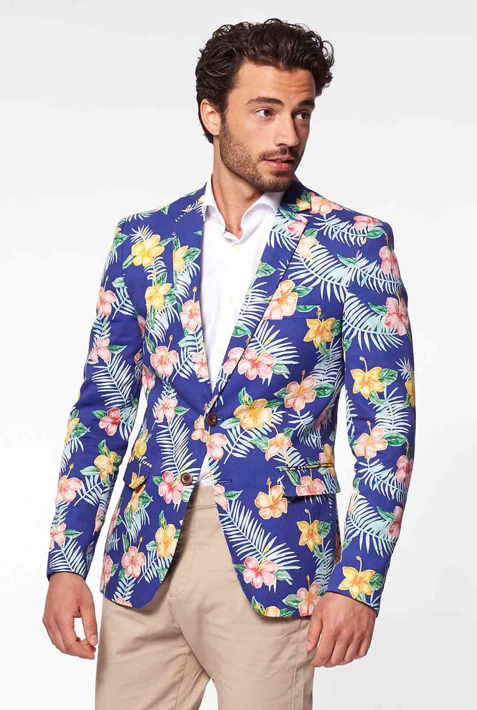 Blue casual blazer with flower print worn by man