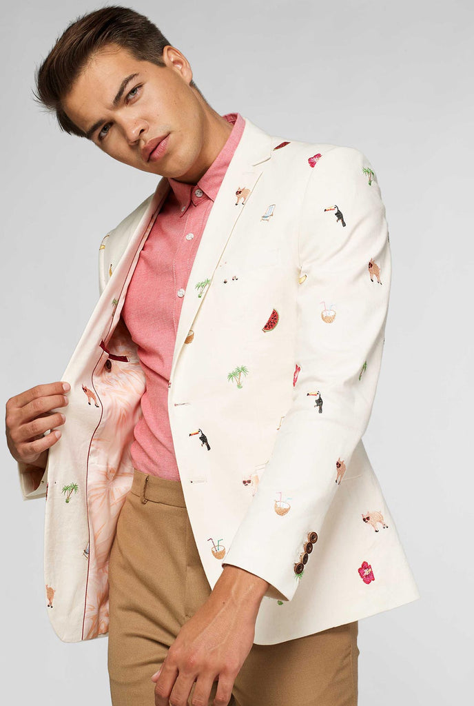 Off-white blazer with tropical embroidery worn by man