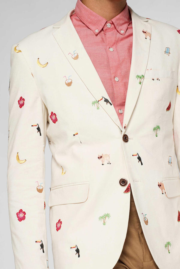 Off-white blazer with tropical embroidery worn by man