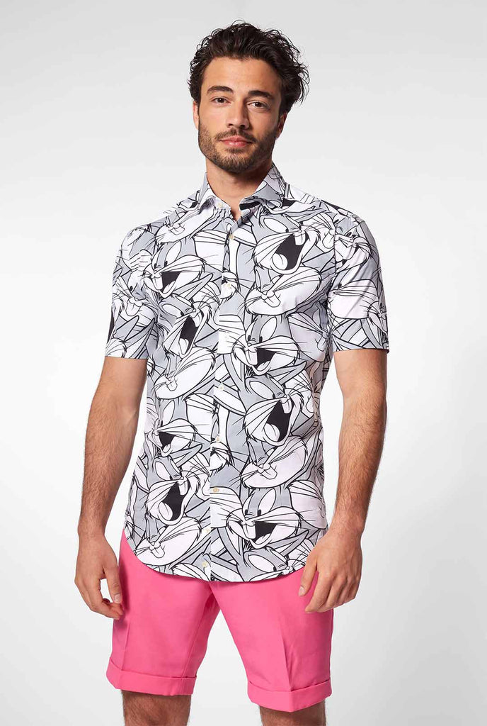 Man wearing summer shirt with bugs bunny Warner Bros print